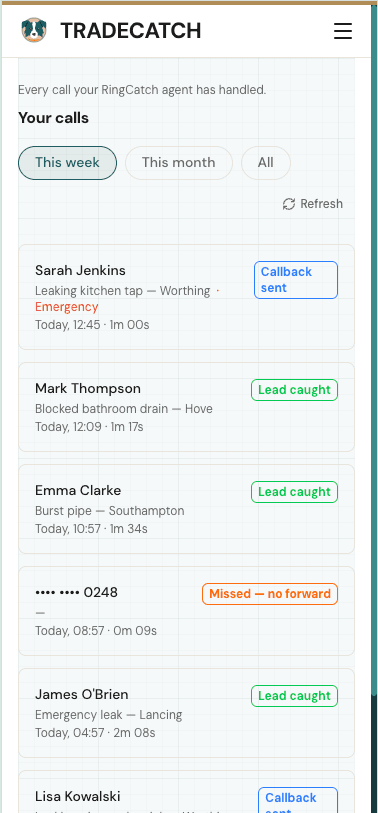 RingCatch call history on mobile