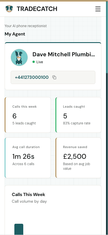 RingCatch My Agent dashboard on mobile