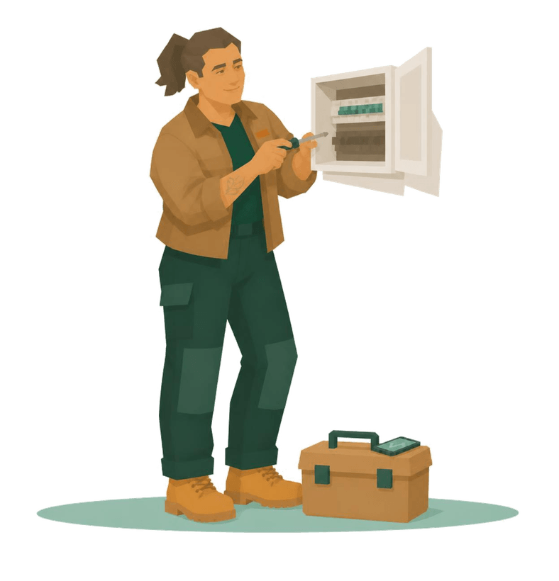 An illustrated electrician at work at a consumer unit