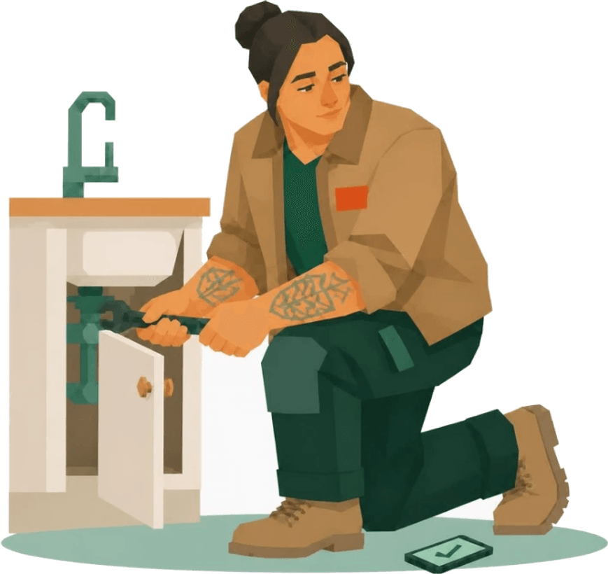 An illustrated woman plumber with tattooed forearms, kneeling at a kitchen sink with both hands on a wrench, her phone face-up on the floor showing a green tick