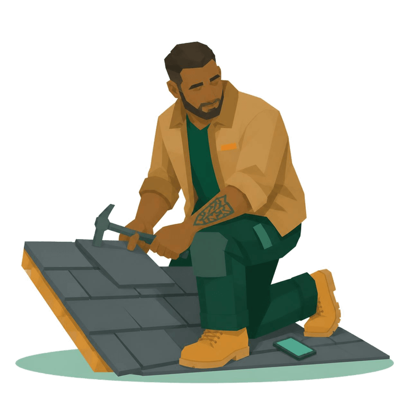An illustrated roofer at work on a roof