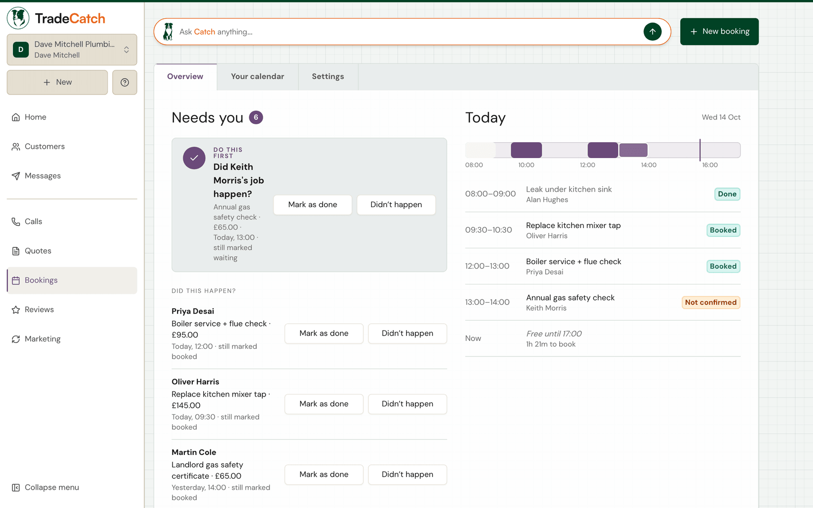 The Bookings overview in TradeCatch for Dave Mitchell Plumbing: the jobs that need you, and today’s diary with times, jobs and who they’re for