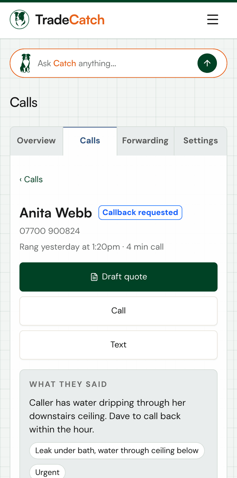 A caught call in TradeCatch on a phone, for Dave Mitchell Plumbing: Anita Webb asked for a callback, with buttons to draft the quote, call or text her, and what she said
