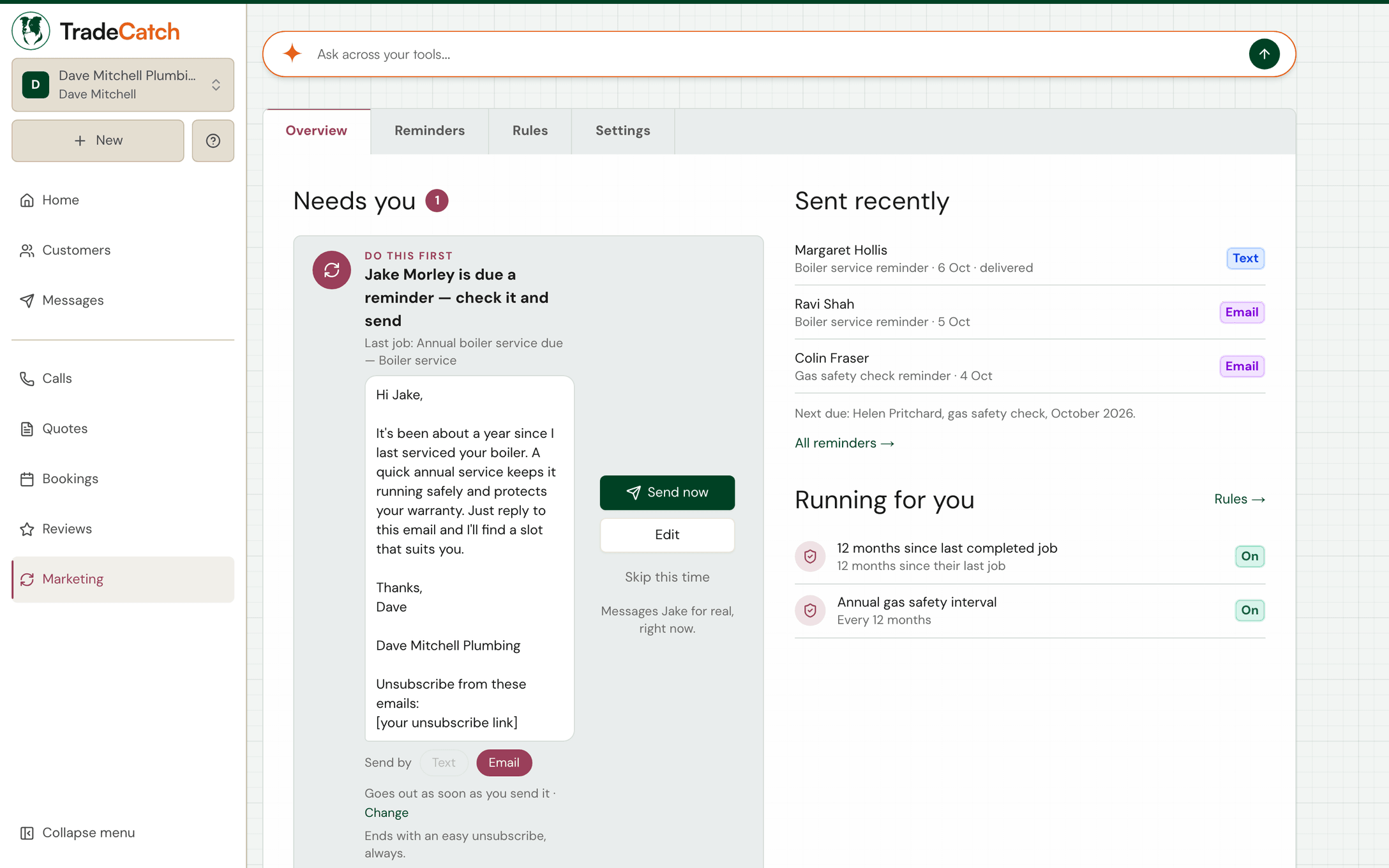 TradeCatch Marketing: a service reminder written and ready to send, and what went out recently