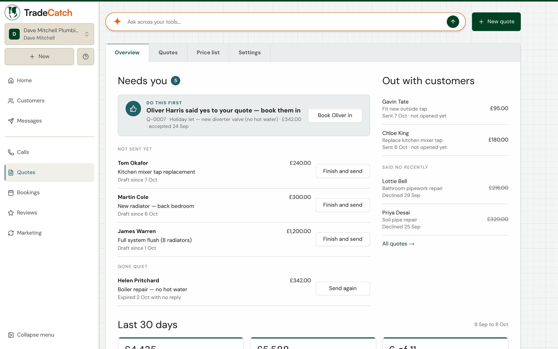 TradeCatch Quotes: a customer said yes, drafts to finish and quotes out with customers