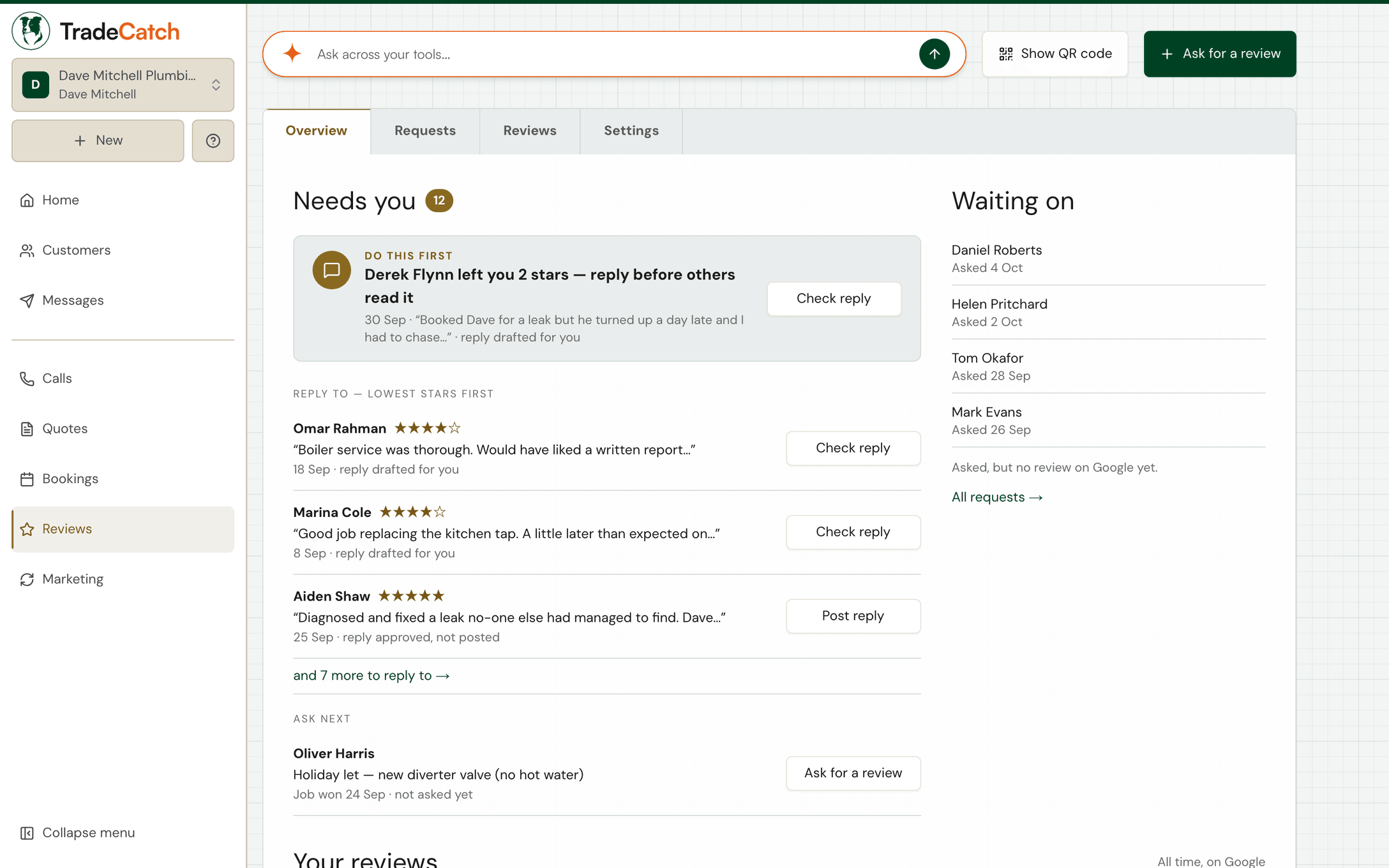 TradeCatch Reviews: new reviews with replies drafted for you, and who has been asked