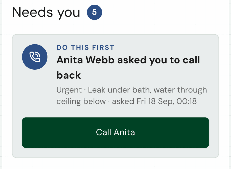 TradeCatch: a caller, Anita Webb, asked you to call back about an urgent leak, with a button to call her