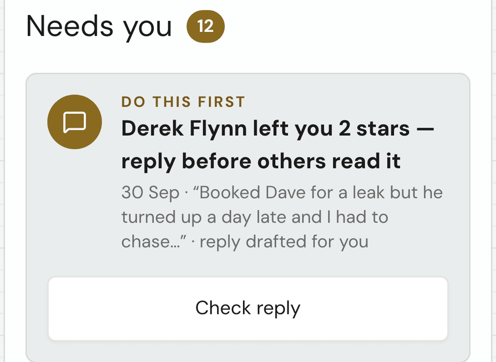 TradeCatch: a new review from Derek Flynn, with your reply already drafted to check